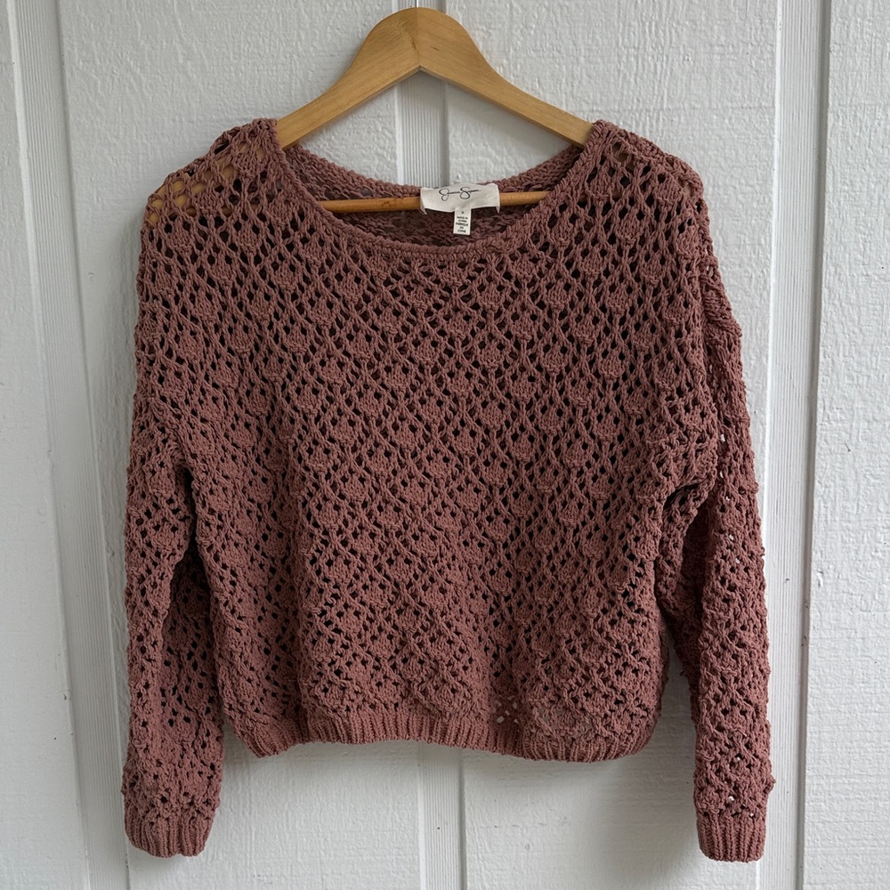 Jessica Simpson Dusty Rose Openwork Crochet Sweater